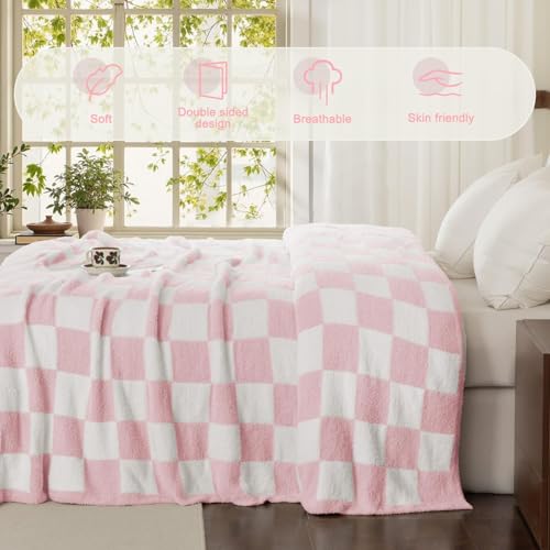 Whale Flotilla Checkered Knit Blanket Twin Size, Ultra Soft Warm Reversible Cozy Decorative Blankets for Couch Sofa and Bed, 60x80 Inch, Pink - color: Pink Checker, size: 60x80 Inch