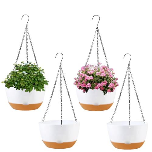 KPUVX 4 Pack Plastic Hanging planters for Indoor Plants,8 Inch Plant Pot Indoor Outdoor Hanging Baskets,Hanging Flower Pots with Drainage Holes and Chain for Garden Porch Plants(White) - color: White, size: 8 inch
