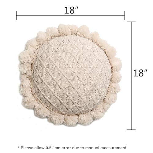 Acrylic Knitted Round Throw Pillow Knitting Bohemian Circular Cushion Pillow with Knit Handmade Pompoms Decorative Lotus Pink, Diameter 18inches - color: Lotus Pink