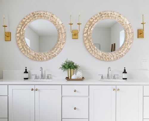 Gold Capiz Shell Round Mirror, 36'' Coastal Large Gold Mirror with Natural Capiz Seashell Frame, Decorative Circle Wall Mirrors for Living Room Mantel Bathroom Entryway - color: Gold, size: 36"L x 36"W