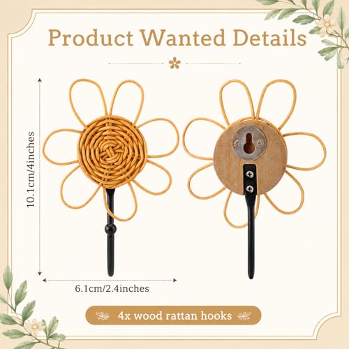 Colingmill 4 Pcs Boho Rattan Wall Towel Hooks Decorative Woven Hanging Holder Farmhouse Coat Rack Hooks Wood Coat Rack Wall Mount Vintage Decorative Hook for Hanging Coats (Flower) - style: Flower