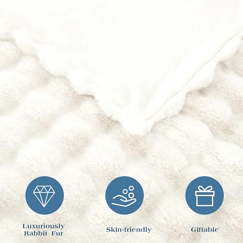 JONIYEAR Soft Fuzzy Bubble Faux Rabbit Fur Throw Blanket for Couch Chair 50" x 60", Reversible Textured Thick Warm Fluffy Blanket for Winter, Luxury Cozy Puffy Shaggy Comfy Furry Blankets, Cream White - color: Cream White - 900gsm, size: Travel/Throw Size