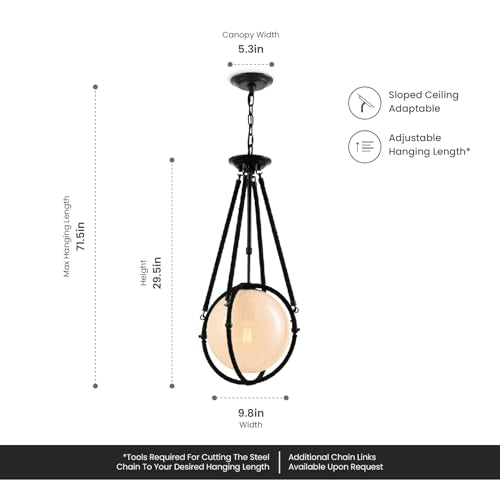 Voyager 1-Light Matte Black Pendant, Hanging Pendant Light with Rope Detailing & Smoked Glass Shade in Modern Industrial Style, Adjustable Hanging Length & Sloped Ceiling Adaptable - color: Voyager - 1 Light