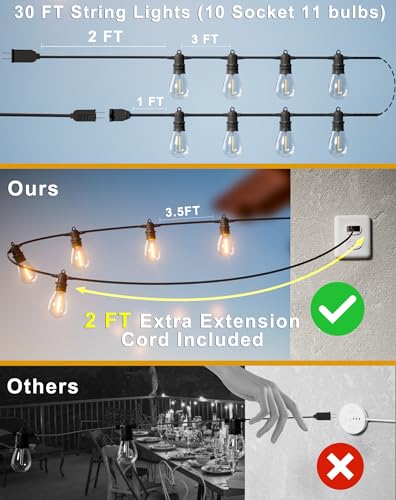 30FT LED Outdoor String Lights with 10+1 Edison Shatterproof IP65 Waterproof Bulbs, 2700K Dimmable Commercial Grade Patio Lights, Heavy Duty Outside Hanging Lights for Garden Porch Decor - size: 30 Ft