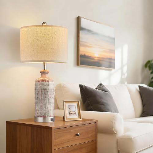 Living Room Lamps Set of 2, 27" Touch Lamps for Nightstand with USB A+C Ports, Modern Farmhouse Table Lamps for Bedroom, Red and White - color: Red&White