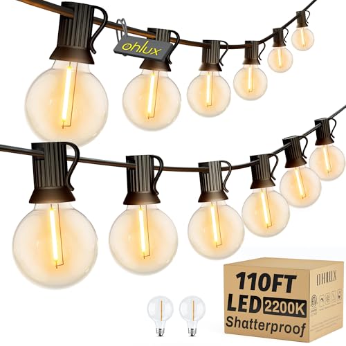 OHLUX Outdoor String Lights,110FT Dimmable Patio Lights with 58 Shatterproof 2200K LED G40 Bulbs(2 Spare),Waterproof Hanging Lights String for Outside Backyard Cafe Porch Deck Porch - size: 110FT