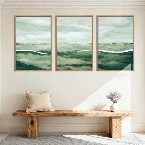 ANHUIB Large Green Abstract Framed Wall Art Set of 3 Sage Green Landscape Canvas Wall Decor 16x24 InchBeige Neutral Watercolor Lake Textured Illustrations Painting for Living Room Bedroom Dining Room - color: Green Neutral, size: 24"L x 16"W