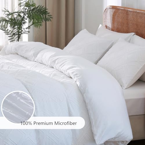 Duvet Cover Queen Size, 3PCS Boho Duvet Cover Set, Geometric Pattern Tufted Bohemian Comforter Cover Jacquard Knit Textured Bedding Set with Zipper Closure - color: White-02, size: Queen