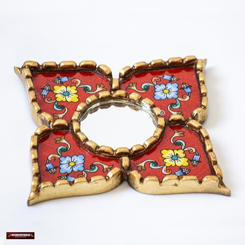 Handmade Peruvian Mirror - Reverse Painted Glass Mirror - Square or Diamond Shaped Wall Mirror with Bronze Leaf - Small Mirrors for Gallery Wall (Red) - color: Red