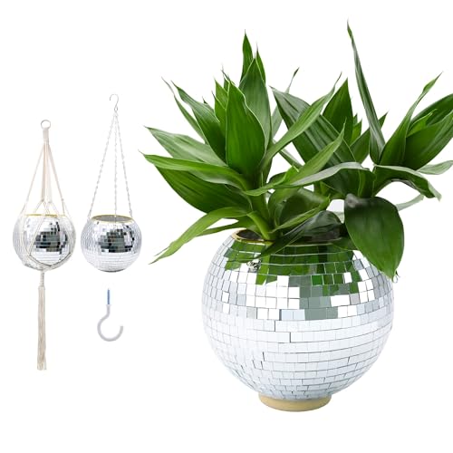 Disco Ball Planter, 8" Silver Disco Ball Planter, Disco Ball Plant Hanger with Hanging Rope, Hanging Chain, Hook, Circle and Extra Mirror Pieces - color: 1×8" Silver