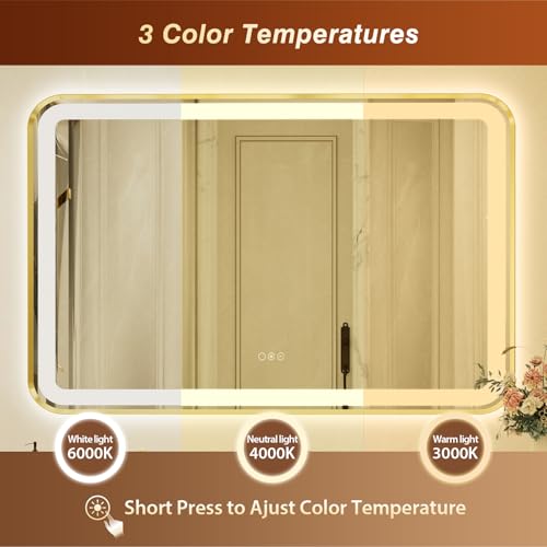 36x60 Inch LED Bathroom Mirror with Gold Frame,Front and Backlit Vanity Mirror, Stepless Dimmable Wall Mirrors with Anti-Fog, 3 Colors, Memory, Waterproof, LED Smart Bathroom Mirror - color: Gold, size: 36"L x 60"W