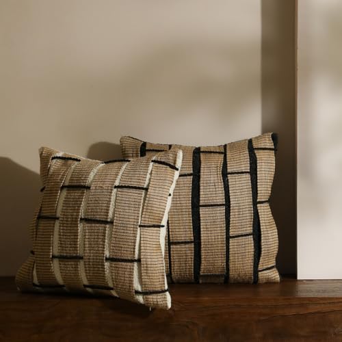 MOCOFO Semi-Handmade Woven Striped Throw Pillow Covers, French Vintage Mid-Century Decorative Cushion Case, Jute & Poly-Cotton Blend for Couch Sofa, (Cover Only) (Black Base Hemp, 18x18) - color: Hemp Pattern, size: 18" x 18" (Pack of 1)