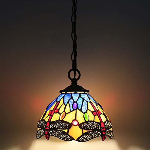 Small Tiffany Pendant Light 8 inch Tiffany Style Stained Glass Pendant Hanging Lamp Small Vintage Hanging Light Fixtures for Home Living Room Restaurant Hallway (Yellow Dragonfly Style) - color: Red Dragonfly Yellow Style