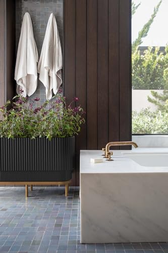 Veradek Demi Series Raised Long Planter for Indoor/Outdoor Use | Made from Plastic & Stone w/Wooden Stand | Modern Patio Décor for Flowers/Shrubs - color: Black/Brown, size: 30 inch - 2 Pack