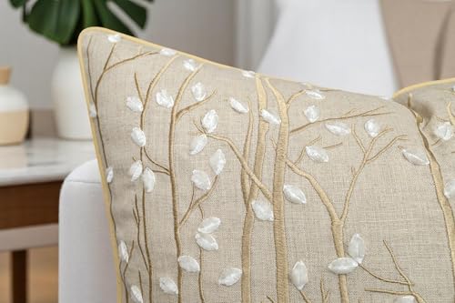 VAGMINE Embroidered Magnolia Branch Botanical 18x18 Throw Pillow Cover - Natural Linen Square Cushion for Sofa Couch Bed - Cottagecore Farmhouse Spring Decor - Forest - color: Natural-forest, size: 18" x 18" (Pack of 1)