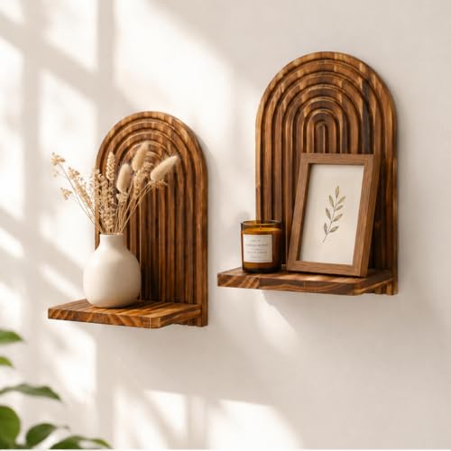 Artilady Arched Shelf Wall Decor Boho Rustic Wood Wall Mounted Shelves for Crystal Candle Plant, Mid-Century Hanging Wall Art for Bedroom Living Room (Dark Brown Wide) - color: Dark Brown Wide