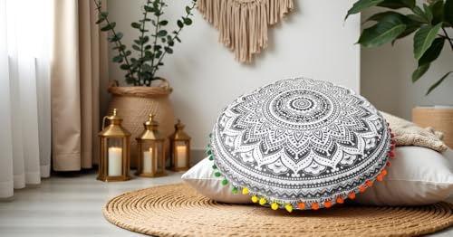 Round Mandala Floor Pillow Cover Seating Cushion Throw Cover Hippie Decorative Bohemian Ottoman Pouf Cover, Pom Pom Pillow Cases,Boho Indian 32 Inches Grey Ombre - color: Grey, size: 32" Round