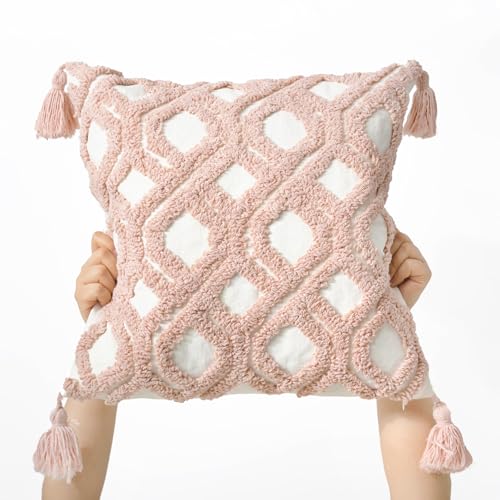 Boho Pillow Covers 18X18 Inch Boho Tufted Throw Pillow Covers Decorative Tassels Cushion Cover Farmhouse Pillow Case for Couch Sofa Bed Living Room Bedroom, Blush - color: Boho Blush, size: 18" x 18" (Pack of 1)