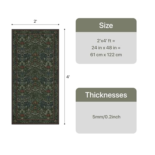 Bavni 2x3 Small Area Rug Machine Washable Non Slip, Vintage Floral Throw Rug, Low Pile Thin Lightweight Carpet for Entryway, Hallways, Kitchen and Bathroom, Dark Green - color: Dark Green, size: 2' x 3' (Rectangular)