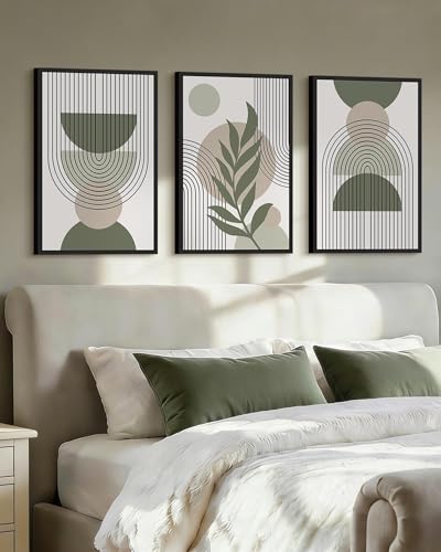 Drsoum 16x24in Large Boho Wall Art Green Sage Decor Framed Wood Modern Bohemian Abstract Geometry Canvas Prints Ready to Hang for Bedroom - Black Framed - color: green boho decor, Black Framed, size: 16" x 24"