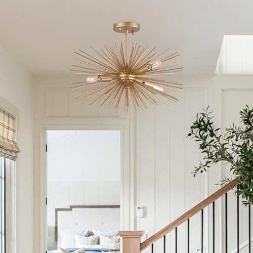 Modern Sputnik Chandelier Ceiling Light Fixture,4-Light Gold Semi Flush Mount Ceiling Light,20in Solid Metal Starburst Satellite Urchin Chandelier for Entry Dining Room Bedroom Kitchen Foyer - color: Gold 20" 4-Light