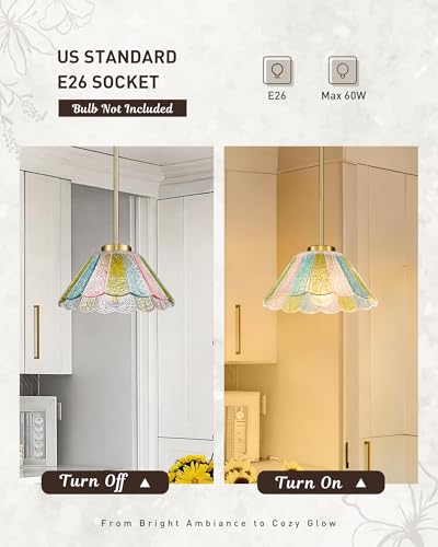 Gold Pendant Light, HWH 10.4-inch Hanging Light Fixture for Living Room, Dining Room, Bedroom, Pendant Lights Kitchen Island with Colored Floral Glass, Gold Finish, 5HJX110MIL BG-C - color: Gold+Colored Floral Glass