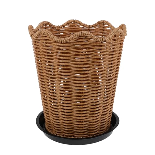 Scalloped Rattan Basket Planter, Woven Plant Basket with Plastic Tray, Decorative Indoor and Outdoor Flower Pot Holder, Farmhouse Style Storage Organizer 8.7x7.5x7.5 - color: Beige