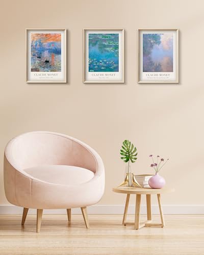 Framed Claude Monet Water Lilies Canvas Wall Art,Vintage Impressionist Botanical Painting,16x12IN High Framed Design Prints,Minimalist Classic Decor Aesthetic for Living Room,Bedroom,Bathroom Set of 3 - color: Framed Monet Vintage Art, size: 16"L x 12"W