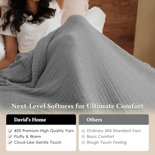 David's Home 100% Cotton Muslin Throw Blanket for College Dorm, 4-Layer Soft Breathable Lightweight Comfy Cozy Throw Guaze for Hot Sleepers, 3D Bubble Room Decor for Bed, Giftable, Dark Grey, 50"x70" - color: Dark Grey, size: Throw XL(50x70")