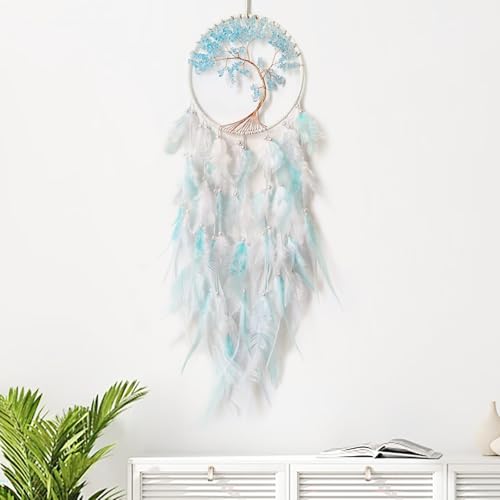 White and Cyan Dream Catcher with Tree of Life | Handmade, Wall Decor, Wall Hanging Ornament, Bedroom Living Room Home Decor