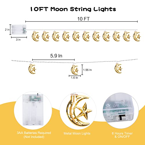Vigdur Ramadan String Lights - 20 LEDs Eid Mubark Moon Star Fairy Lights Battery Operated with Timer, Ramanda Decoration Light for Eid Al Adha Ramadan Home Decor, 10FT - color: Moon Lights
