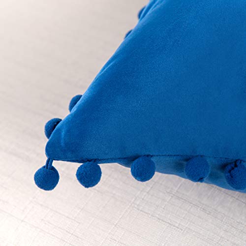 Elegant Comfort POM-POMS Fringe Velvet Cushion Covers Set of 2, Velvet Soft Solid Decorative Square Throw Pillow Covers Set Cushion Case for Couch Bed, Livingroom 18 x 18 Inch (45 x 45 cm), Royal Blue - color: Royal Blue, size: 18" x 18" (Pack of 2)