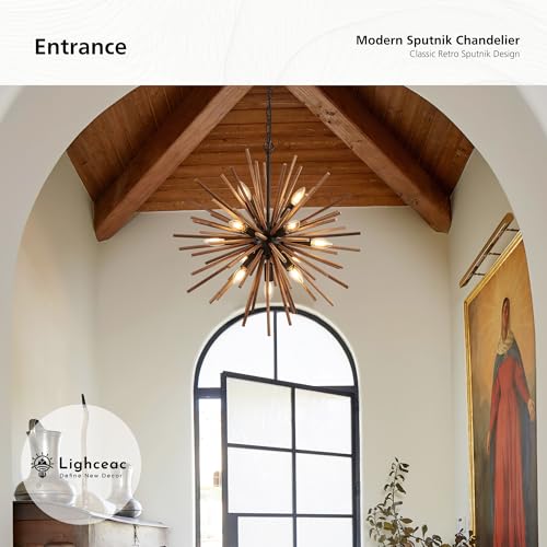 23.6" Farmhouse Sputnik Chandelier for Dining Room Rustic Handmade Natural Wood 12-Light Hanging Ceiling Pendant Light Fixture Starburst Wood Chandeliers for Kitchen Bedroom Foyer Hallway - size: Diameter 23.6", 12-Light