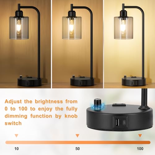 Industrial Desk Lamps for Office Set of 2 - Fully Dimmable Bedside Lamps with USB A C Ports and Outlet, Black Nightstand Lamps with Grey Glass Shade for Living Room, Table Lamps for Bedrooms Reading - color: Gray