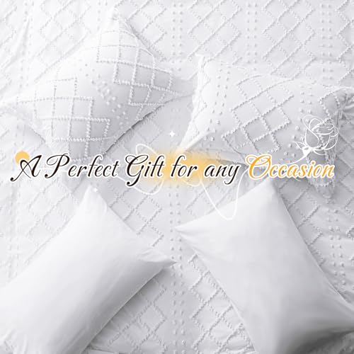 Manyshofu 5Pcs Boho Full Duvet Cover Set - Tufted White Duvet Cover Pattern, Shabby Chic Boho Bedding Set Textured Comforter Covers with Embroidery Pillow Shams