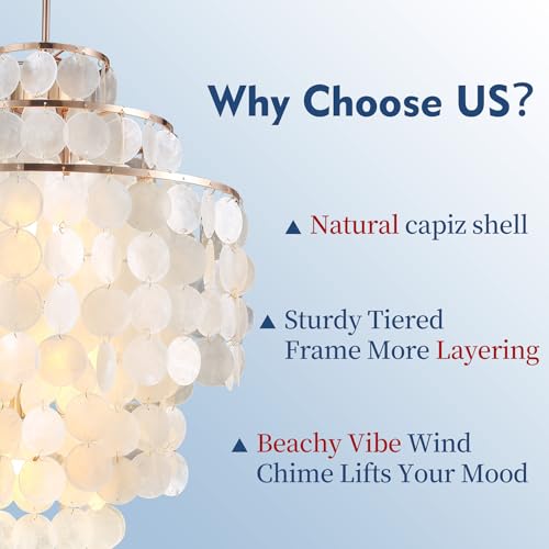 Capiz Shell Chandelier,18" Gold Coastal Chandelier Light Fixture with 4 Lights Capiz Seashell Pendant for Living Room Foyer Kitchen Island Entryway Dining Room Bedroom,LED Bulb Included - size: 18 inch