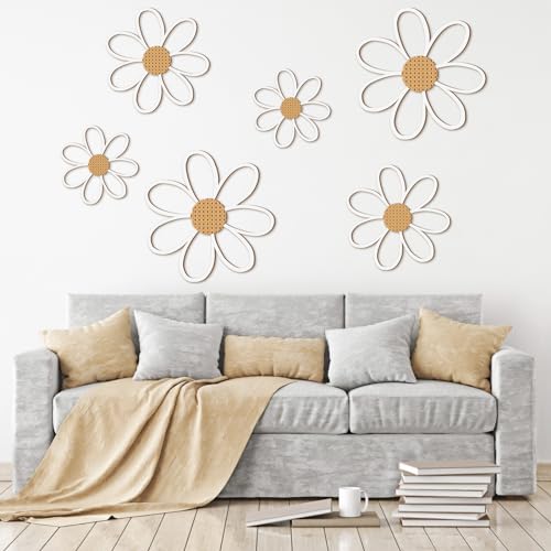 Thyle 6 Pcs Daisy Wall Decor Wooden Daisy Wall Sculptures Art Flowers Signs Hanging Plaque for Home Nursery Bedroom Farmhouse Bathroom Decorations Housewarming Gifts (White) - color: White