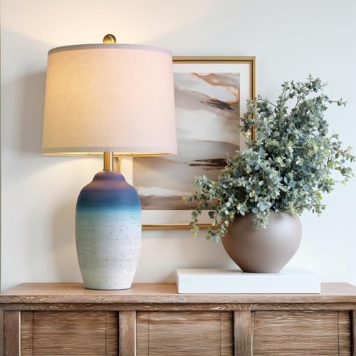 USumkky 24.5" Vintage Ceramic Table Lamp with 5FT Cord - Single Farmhouse Rustic Bedside Lamp with Natural Textured Finish, Nightstand Lamps for Living Room, Bedroom, End Table, Office White and Blue - color: 24.5" Office White & Blue