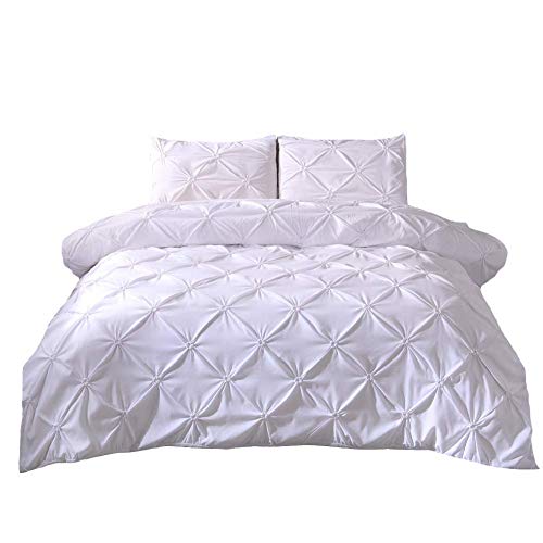 Feelyou Queen Duvet Cover Set Pinch Pleated Bedding Sets Pintuck Tufted Microfiber Polyester Luxury Comforter Cover with 2 Pillow Shams White, Solid Geometric Pattern 3 Pieces - color: White, size: Queen