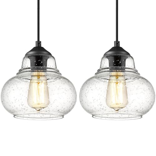 ELYONA 2 Pack Bubble Glass Pendant Light 8 inch Industrial Kitchen Hanging Pendant Light Fxitures Modern Hand Blown Seeded Glass for Farmhouse Dining Room Bar Bedroom Living Room Black - color: Black-2 Pack