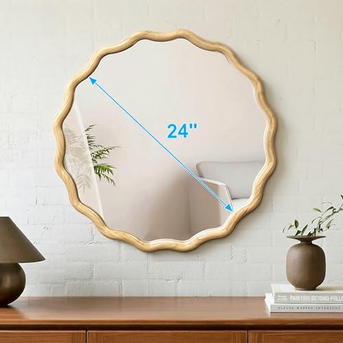 Circle Wood Mirrors for Wall, Wavy Round Bathroom Scalloped Mirror Wooden Frame 24 Inch for Living Room Farmhouse Bedroom Hallway Entryway Living Room with Shatterproof Glass Wall Mounted - size: 24"L x 24"W