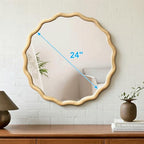 Circle Wood Mirrors for Wall, Wavy Round Bathroom Scalloped Mirror Wooden Frame 24 Inch for Living Room Farmhouse Bedroom Hallway Entryway Living Room with Shatterproof Glass Wall Mounted - size: 24"L x 24"W
