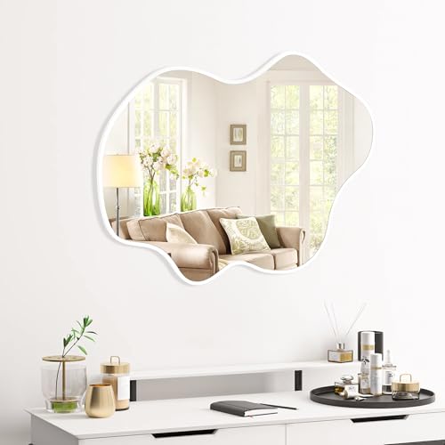 Tanmicoshomy White Irregular Wall Mirror 24x36 Inch, Cloud Shaped Frame Asymmetrical Wavy Mirror with Tempered Glass for Bathroom Bedroom Living Room or Entryway - color: White, size: 36"L x 24"W