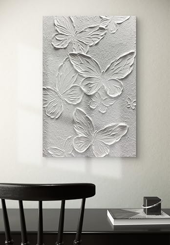 Boiee Art,30x45Inch Handmade Textured Acrylic Canvas Wall Art Creamy White Butterfly Paintings Abstract Decorative Artwork Stretched and Framed Ready to Hang for Wall - color: Pure White, size: 30"L x 45"W