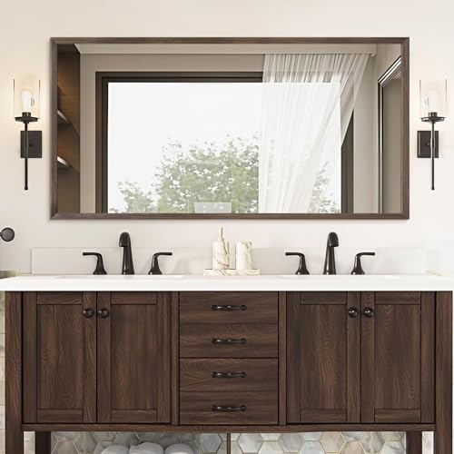 Walnut Wood Bathroom Mirrors for Wall Mounted, 48" x 24" Rectangle Rustic Wood Framed Wall Mirror, Decorative Farmhouse Mirror for Bathroom, Bedroom, Entryway, Horizontally/Vertically - color: Walnut, size: 48"L x 24"W