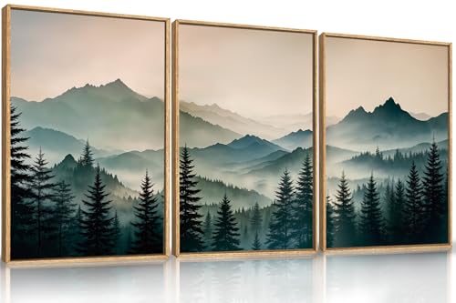 HPNIUB Large Green Mountain Framed Canvas Wall Art,Foggy Forest Wall Decor,Modern Watercolor Boho Pine Tree Wall Painting,Nature Mountains Landscape Art Print for Living Room,Bedroom,Office-16 x24 x3 - color: Green Mountain Wall Art, size: 16"L x 24"W