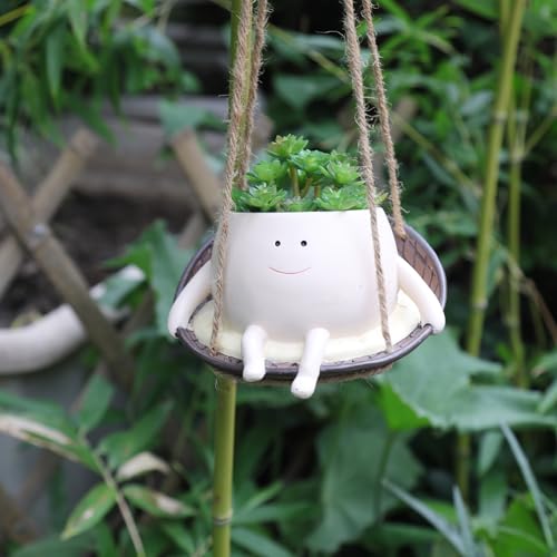 bestbear Hanging Swing Chair Planter Pot Resin Smiley Face Planter for Indoor Outdoor Plant Cute Head Flower Pots for String of Pearls Plant Live Unique IdeaI for Mother Day, Christmas (Small) - size: Small