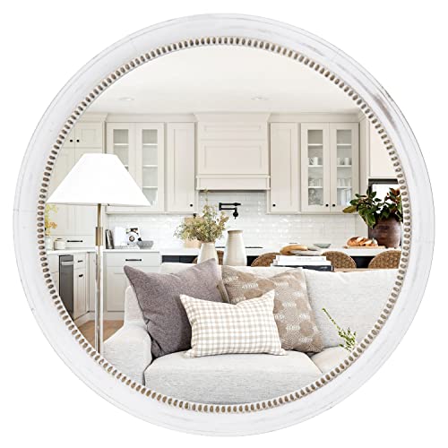 Rustic Farmhouse Mirror,28" White Natural Wooden Circle Wall Mirror,Round Decorative Wall Hanging Mirror with Beads for Bedroom, Living Room or Entryway - size: 28"L x 28"W