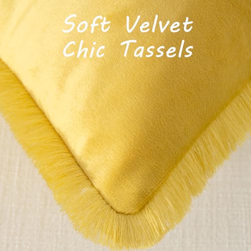 FUTEI Lemon Yellow Velvet Decorative Throw Pillow Covers 18x18 Set of 2,Soft Cozy Edge with Tassels Cushion Case,Boho Modern Home Decor for Couch Bed Living Room - color: Lemon Yellow, size: 18" x 18" (Pack of 2)