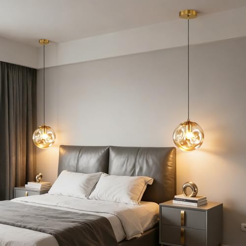 Modern Amber Concave Glass Pendant Light, 2-Pack Kitchen Island Lighting Single Globe Pendant Light Fixtures Century Kitchen Island Pendant Light for Bedroom Dining Room Light (Without Bulbs) - color: Amber-1 Light-2PC